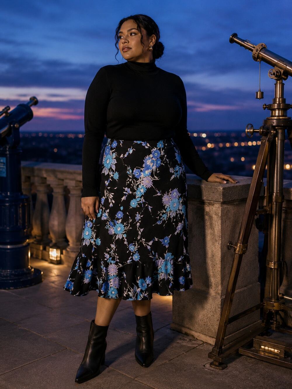 Donna Taylor Black Blue Floral Flounce Midi Skirt Women's 18 NWT